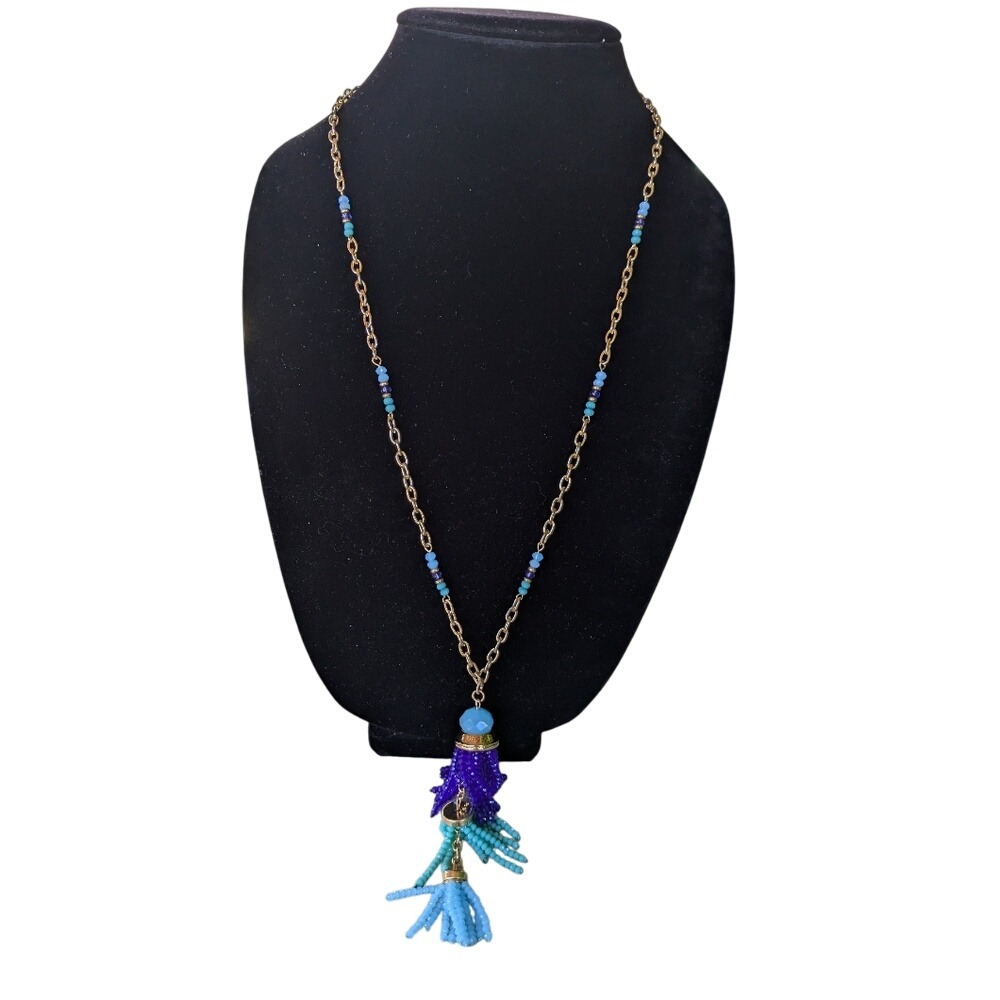Boho Chic Gold Chain Necklace with Blue & Purple Tassel Pendant Handmade